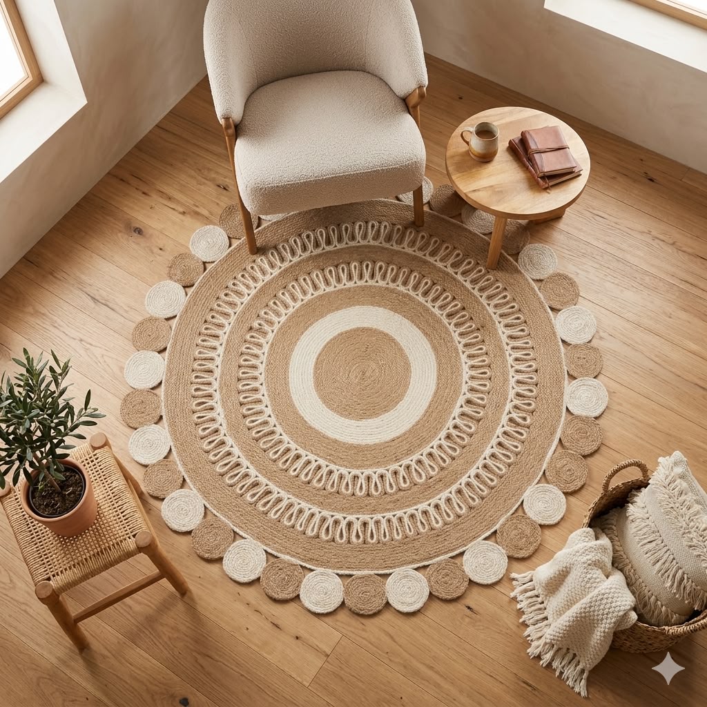 Handoven  Jute Area Rug Natural - Eco Friendly Premium Fiber - Durable and Reversible Handwoven Farmhouse Rugs for Living Room, Hallway, Bedroom, Dinning Room, Kitchen, Office