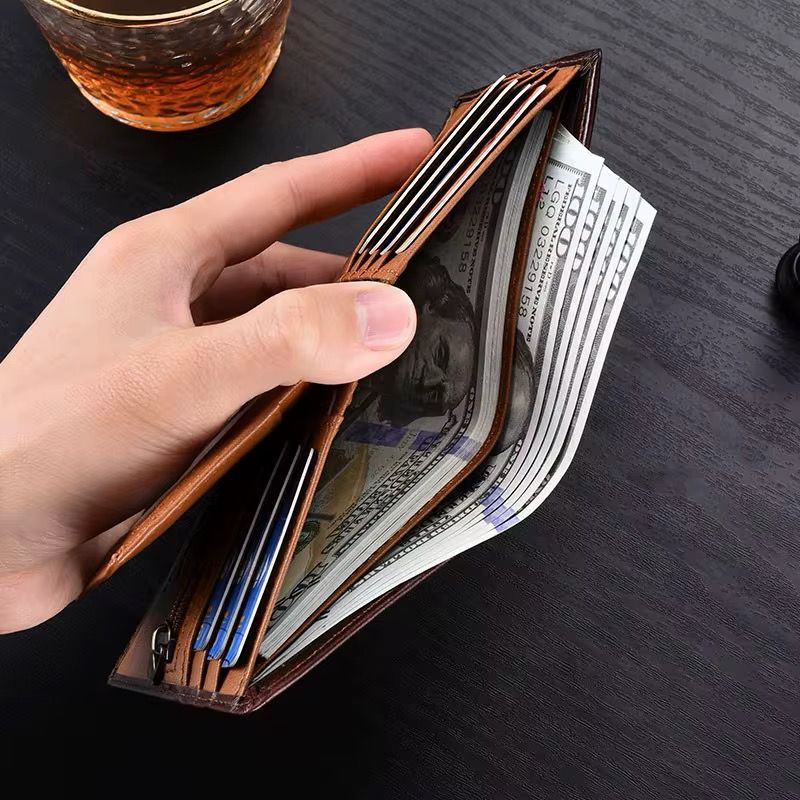 Genuine Leather Men's RFID Blocking Wallet Top-grain  Slim Design Vintage Cowhide purse With Credit card ID card holder Zipper Coin Pocket casual Money clip