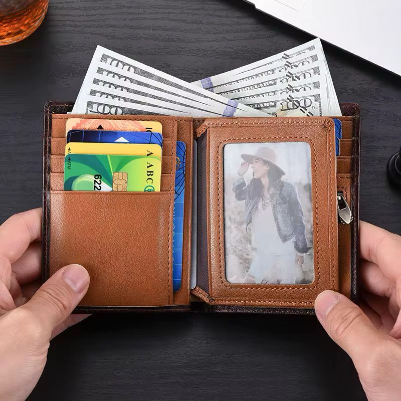 Genuine Leather Men's RFID Blocking Wallet Top-grain  Slim Design Vintage Cowhide purse With Credit card ID card holder Zipper Coin Pocket casual Money clip